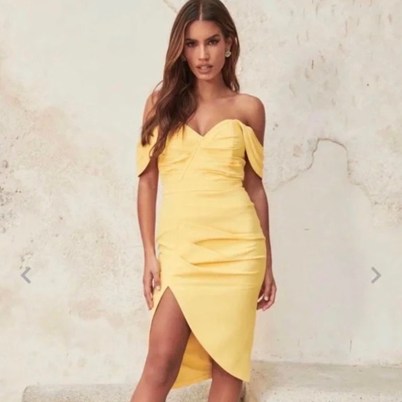 Lavish Alice Pleated Bardot Midi Dress in Lemon Yellow - Picture 3 of 3